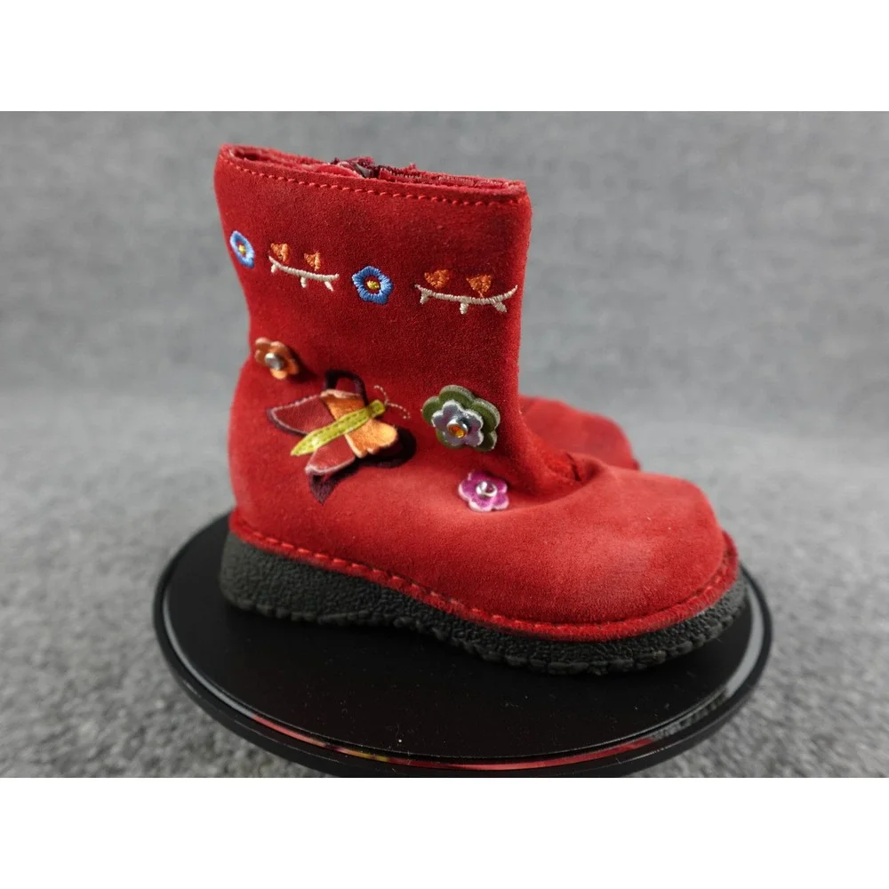 Sprockets Red Suede Butterfly‎ Flower Embroidered Kids Boots Size 5